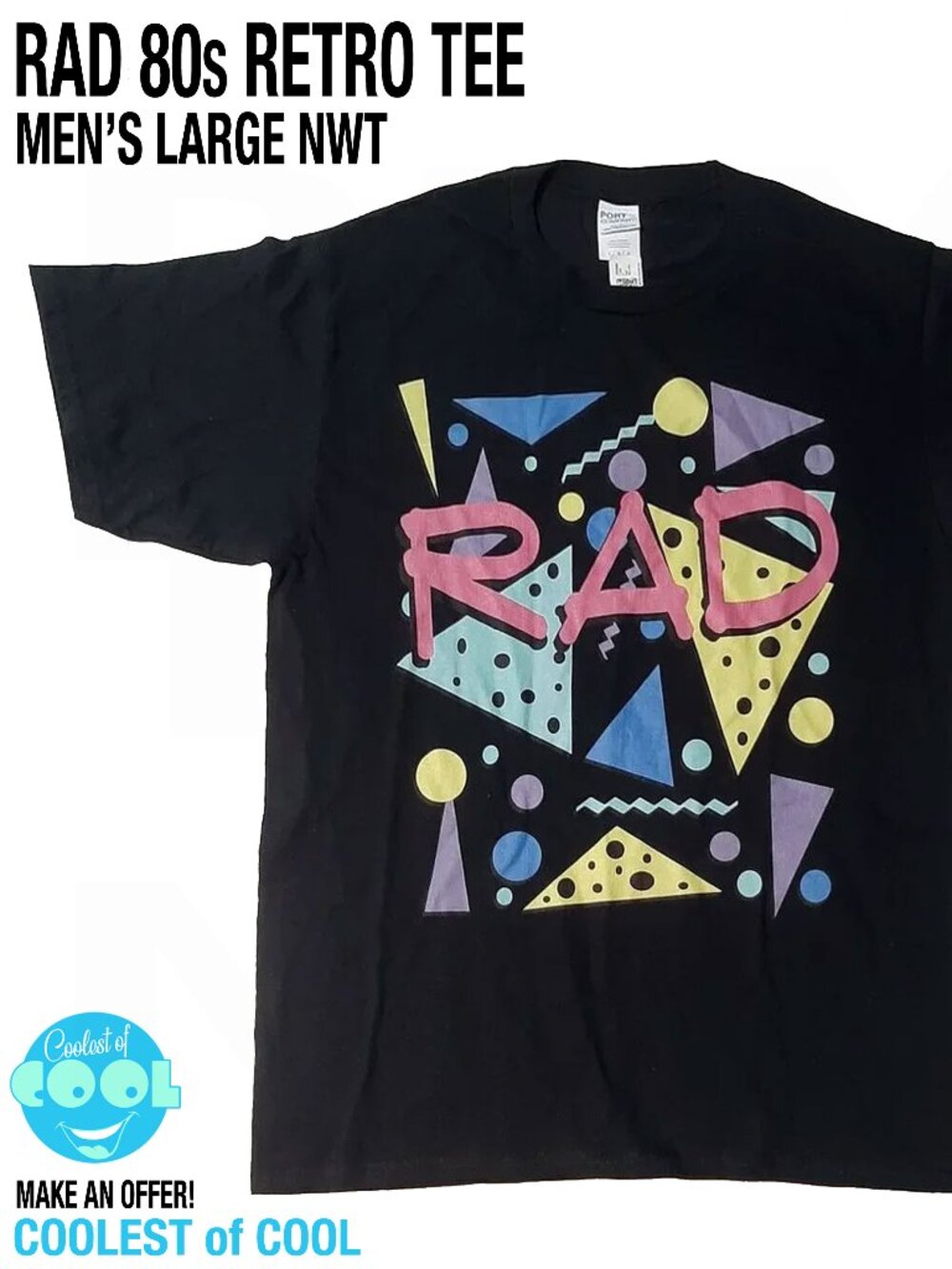 Retro 1980s RAD t shirt size Large black cool colorful 80s aesthetic graphic tee